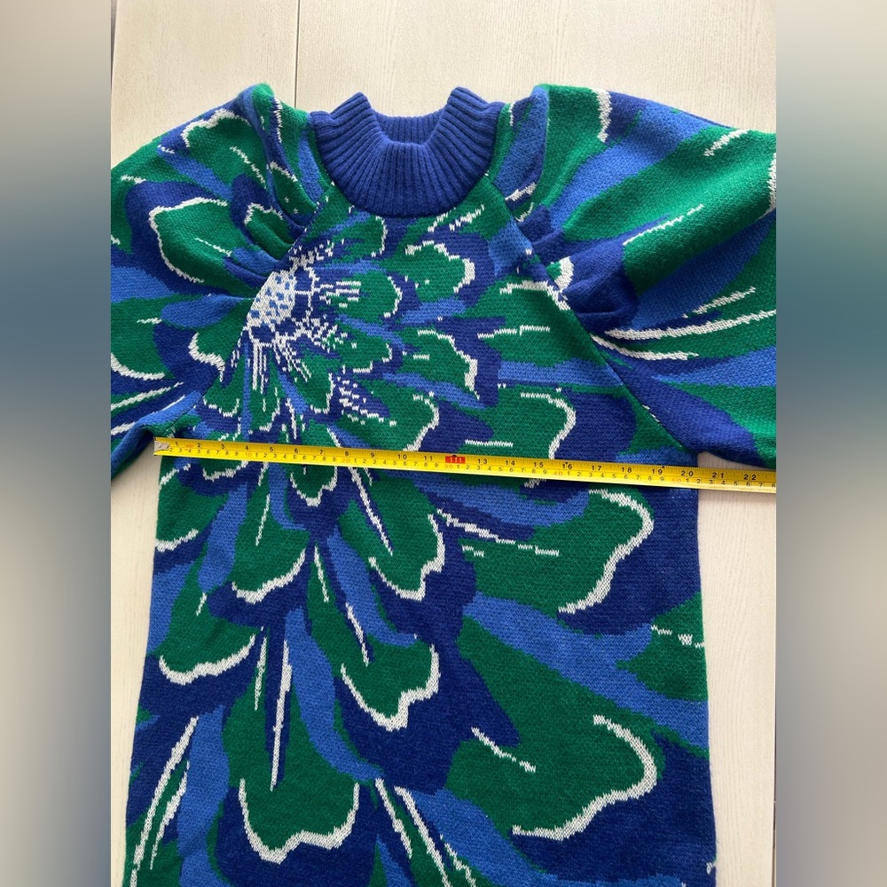 Farm Rio Knit Sweater Dress Balloon sleeves Size Large Floral Multi Color Blue - Picture 4 of 12